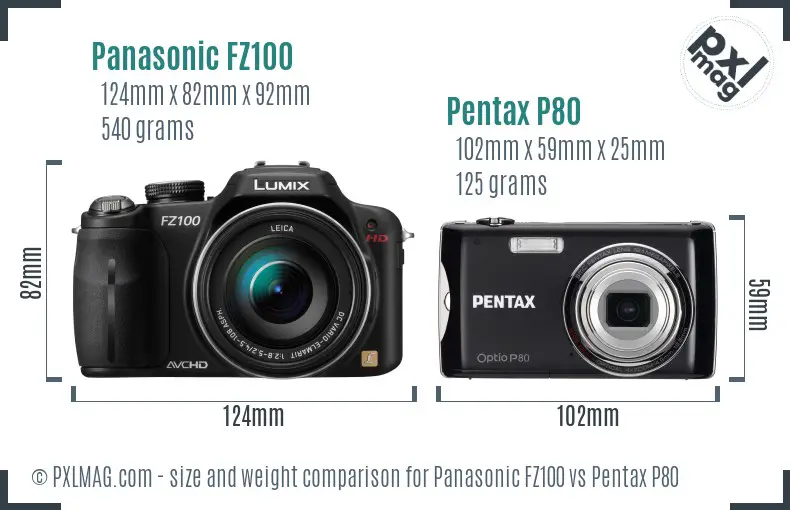 Panasonic FZ100 vs Pentax P80 size comparison
