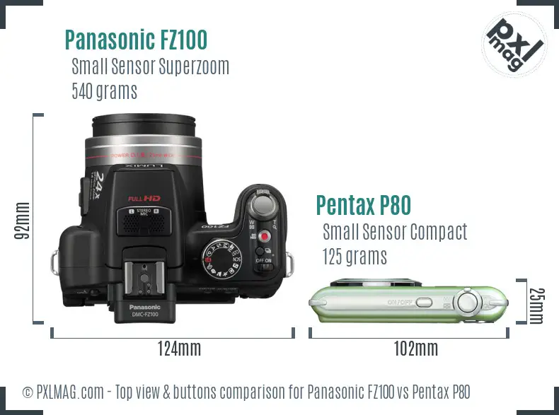 Panasonic FZ100 vs Pentax P80 top view buttons comparison