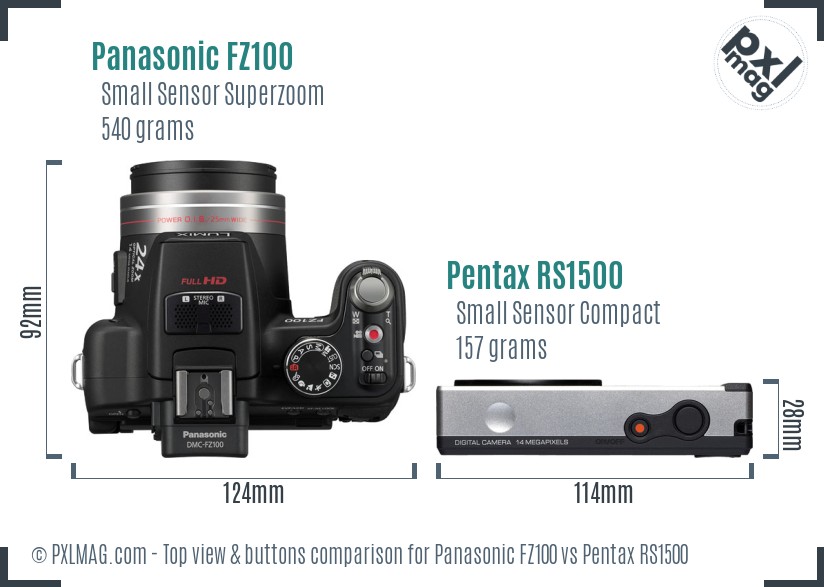 Panasonic FZ100 vs Pentax RS1500 top view buttons comparison