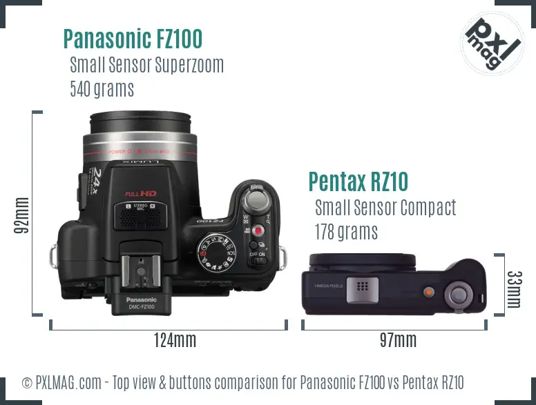 Panasonic FZ100 vs Pentax RZ10 top view buttons comparison