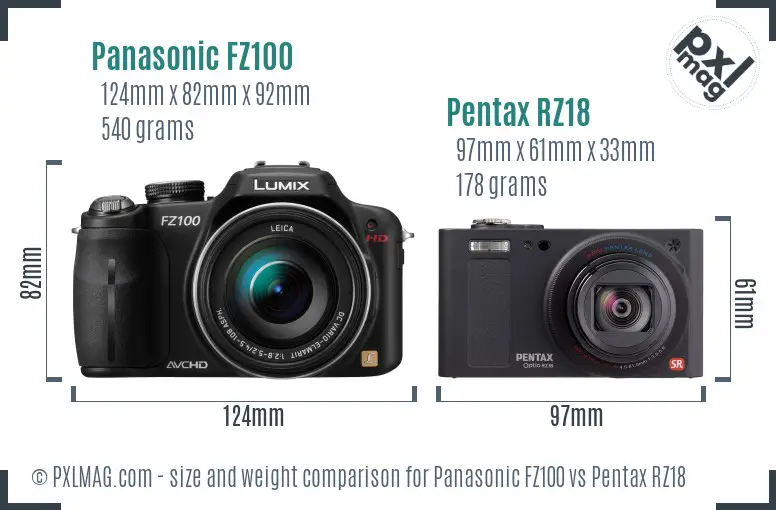 Panasonic FZ100 vs Pentax RZ18 size comparison