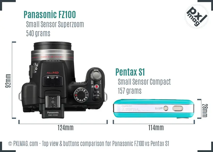 Panasonic FZ100 vs Pentax S1 top view buttons comparison