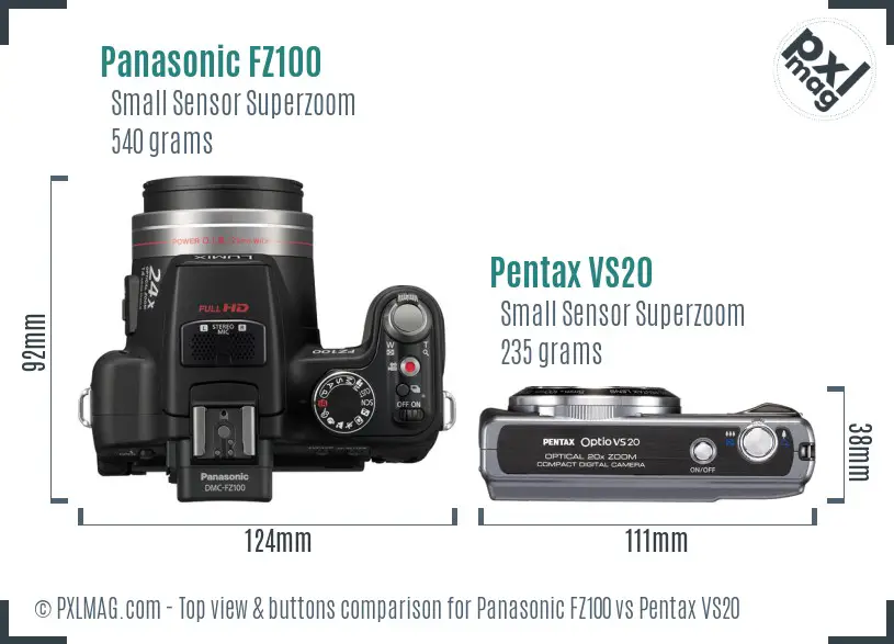 Panasonic FZ100 vs Pentax VS20 top view buttons comparison
