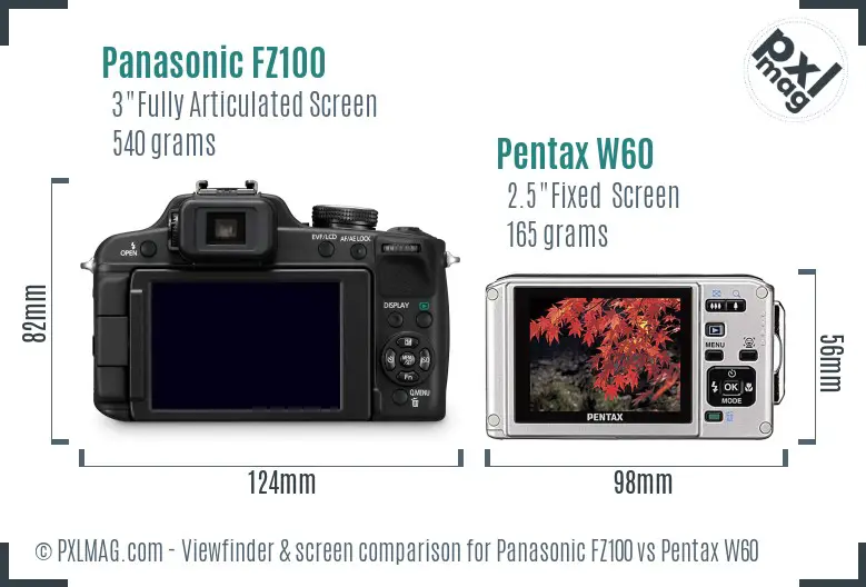 Panasonic FZ100 vs Pentax W60 Screen and Viewfinder comparison
