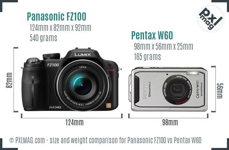 Panasonic FZ100 vs Pentax W60 size comparison