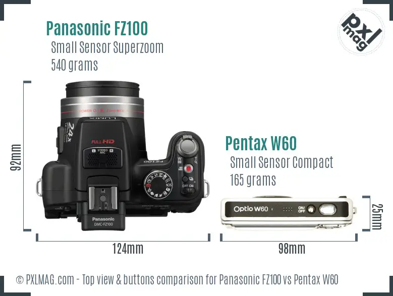 Panasonic FZ100 vs Pentax W60 top view buttons comparison
