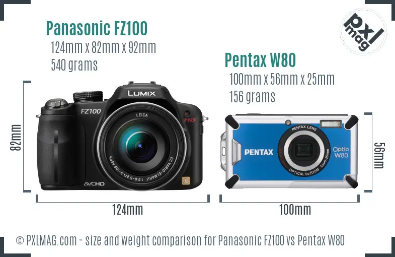 Panasonic FZ100 vs Pentax W80 size comparison