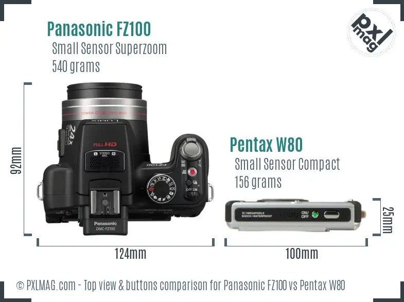 Panasonic FZ100 vs Pentax W80 top view buttons comparison