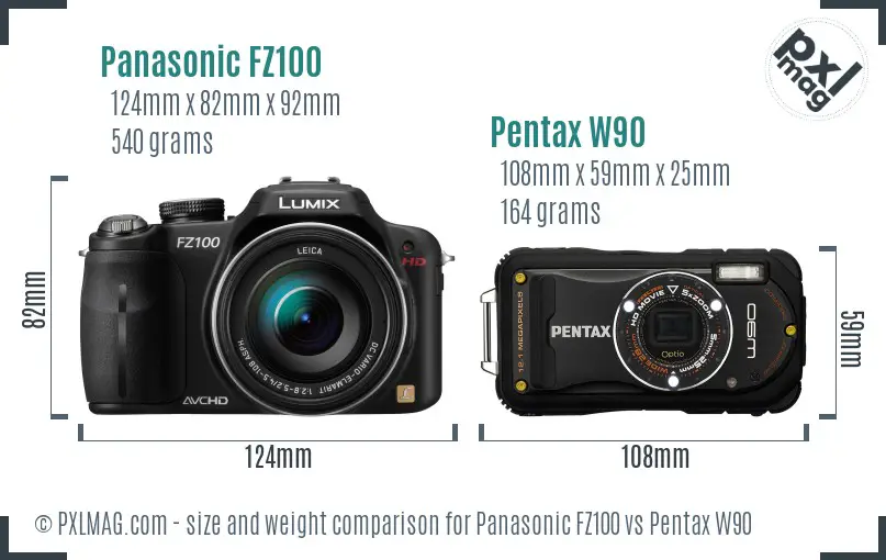 Panasonic FZ100 vs Pentax W90 size comparison