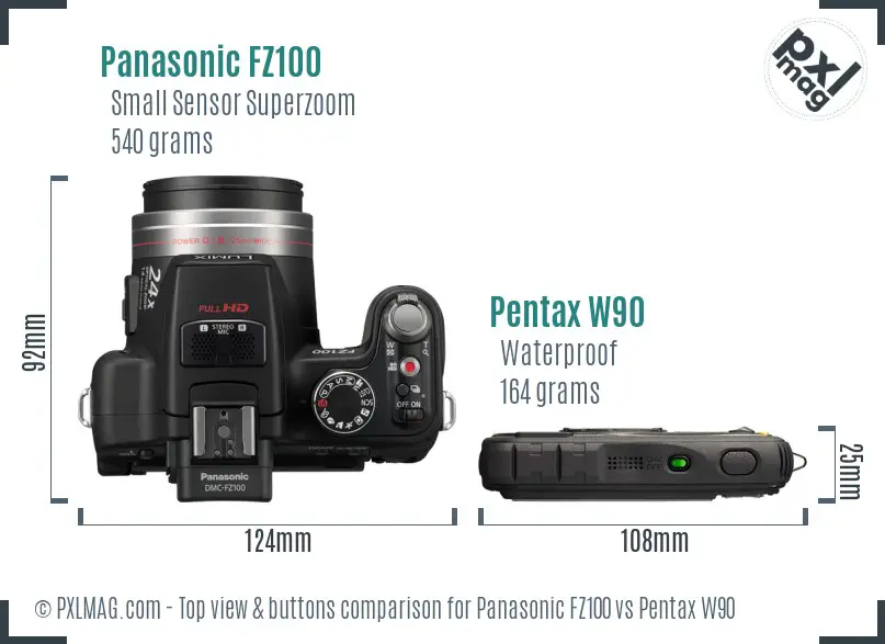 Panasonic FZ100 vs Pentax W90 top view buttons comparison