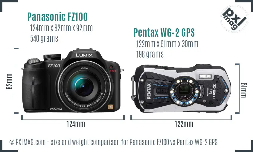Panasonic FZ100 vs Pentax WG-2 GPS size comparison