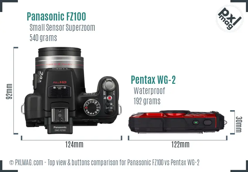 Panasonic FZ100 vs Pentax WG-2 top view buttons comparison