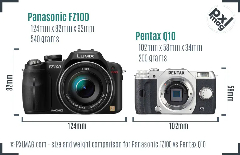 Panasonic FZ100 vs Pentax Q10 size comparison