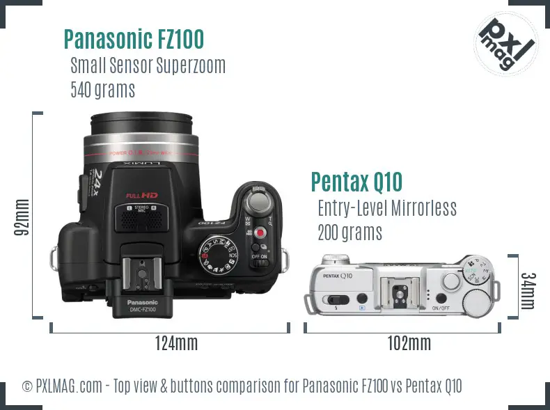 Panasonic FZ100 vs Pentax Q10 top view buttons comparison