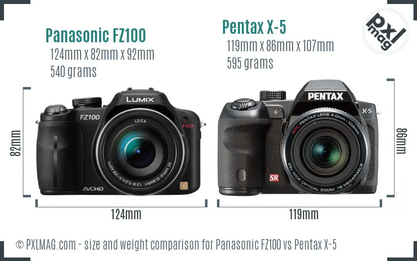 Panasonic FZ100 vs Pentax X-5 size comparison