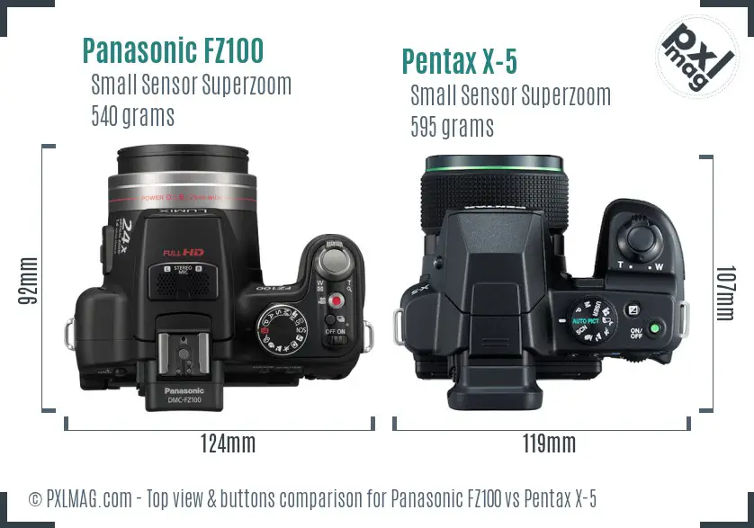 Panasonic FZ100 vs Pentax X-5 top view buttons comparison