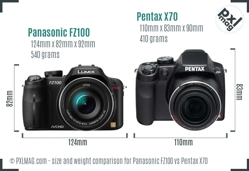 Panasonic FZ100 vs Pentax X70 size comparison