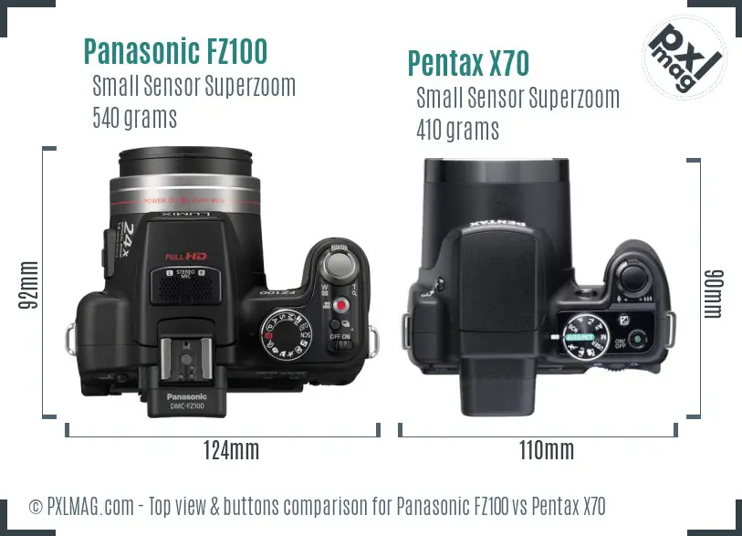 Panasonic FZ100 vs Pentax X70 top view buttons comparison