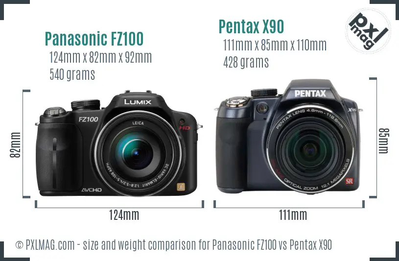 Panasonic FZ100 vs Pentax X90 size comparison