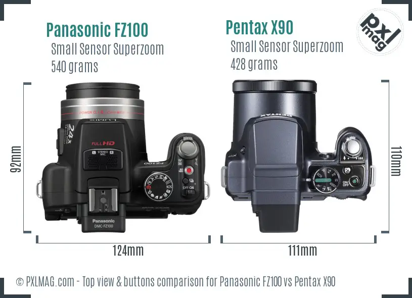 Panasonic FZ100 vs Pentax X90 top view buttons comparison