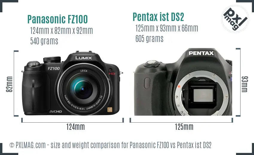 Panasonic FZ100 vs Pentax ist DS2 size comparison