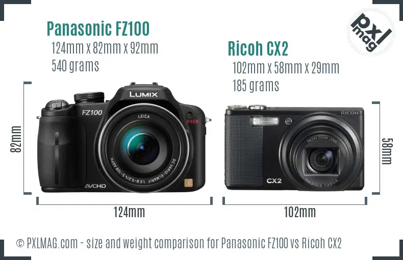 Panasonic FZ100 vs Ricoh CX2 size comparison