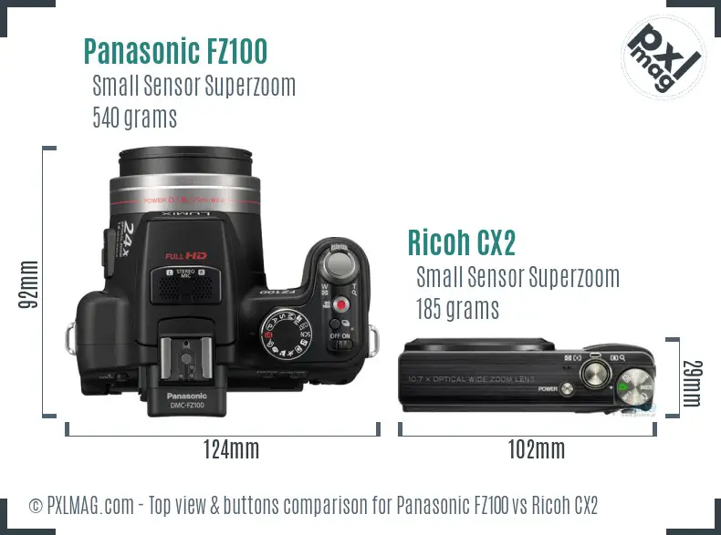 Panasonic FZ100 vs Ricoh CX2 top view buttons comparison