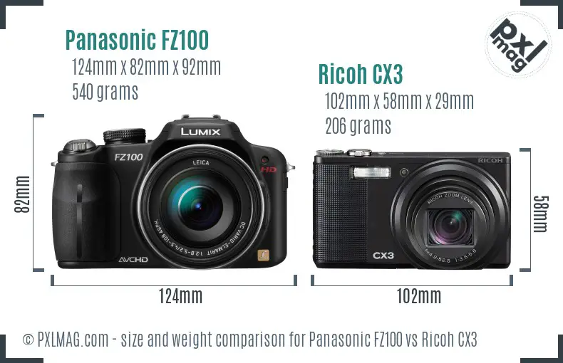 Panasonic FZ100 vs Ricoh CX3 size comparison