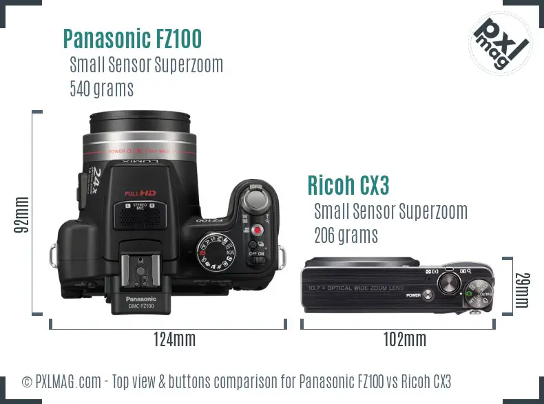 Panasonic FZ100 vs Ricoh CX3 top view buttons comparison