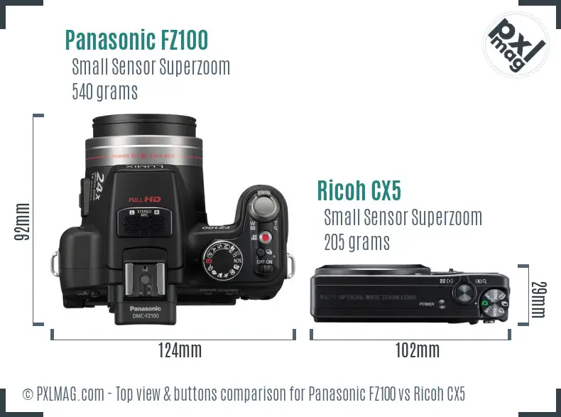 Panasonic FZ100 vs Ricoh CX5 top view buttons comparison