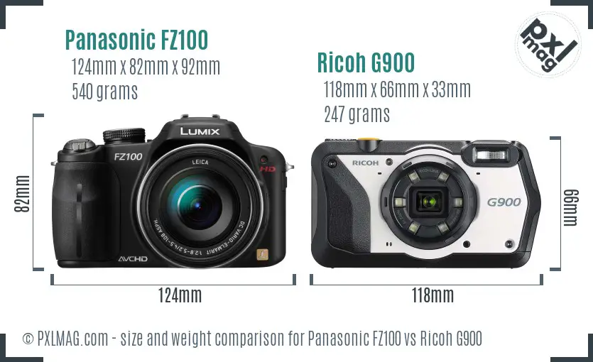 Panasonic FZ100 vs Ricoh G900 size comparison