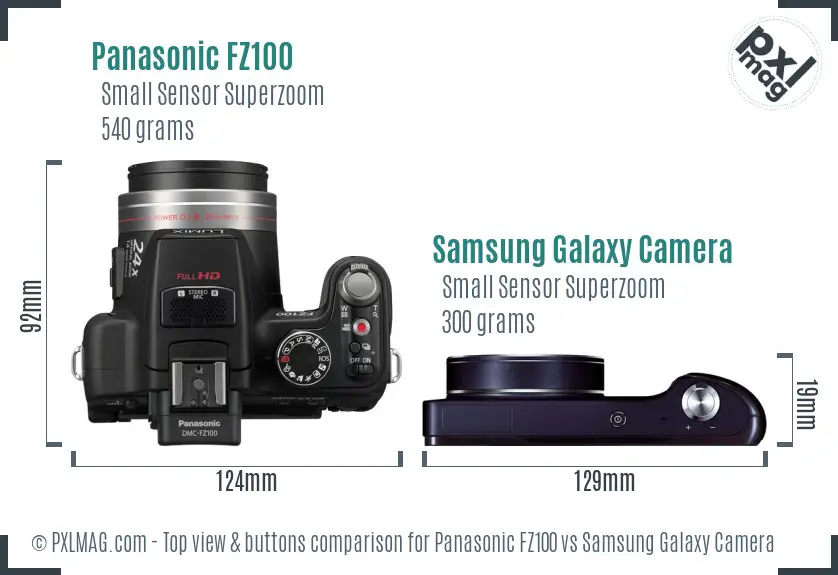 Panasonic FZ100 vs Samsung Galaxy Camera top view buttons comparison Panasonic FZ100 vs Samsung Galaxy Camera top view buttons comparison