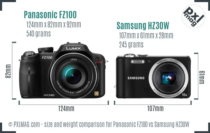 Panasonic FZ100 vs Samsung HZ30W size comparison Panasonic FZ100 vs Samsung HZ30W size comparison