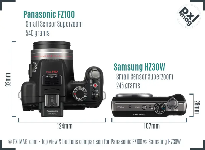 Panasonic FZ100 vs Samsung HZ30W top view buttons comparison Panasonic FZ100 vs Samsung HZ30W top view buttons comparison