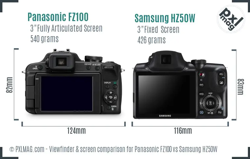 Panasonic FZ100 vs Samsung HZ50W Screen and Viewfinder comparison