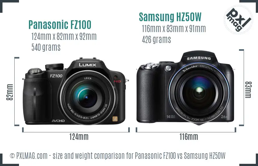 Panasonic FZ100 vs Samsung HZ50W size comparison Panasonic FZ100 vs Samsung HZ50W size comparison