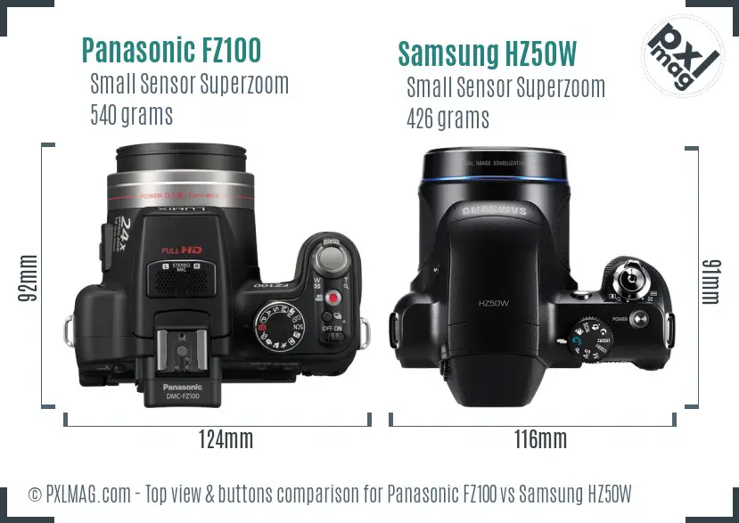 Panasonic FZ100 vs Samsung HZ50W top view buttons comparison