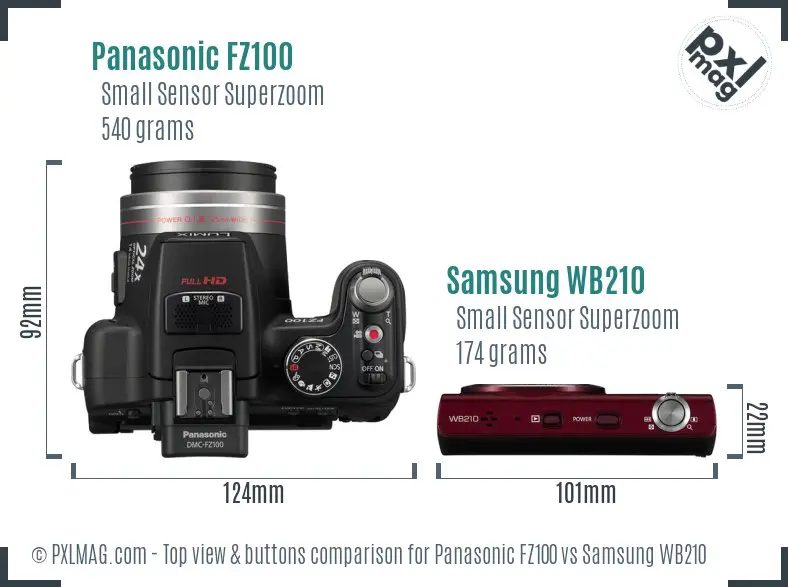 Panasonic FZ100 vs Samsung WB210 top view buttons comparison Panasonic FZ100 vs Samsung WB210 top view buttons comparison
