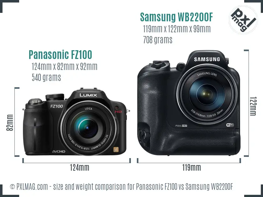 Panasonic FZ100 vs Samsung WB2200F size comparison