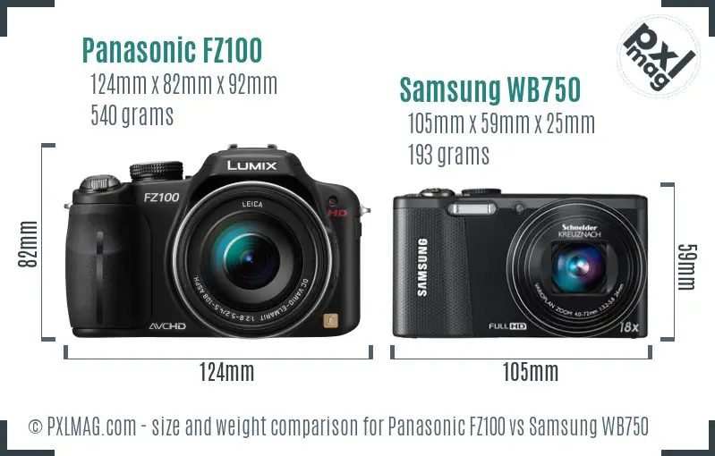 Panasonic FZ100 vs Samsung WB750 size comparison