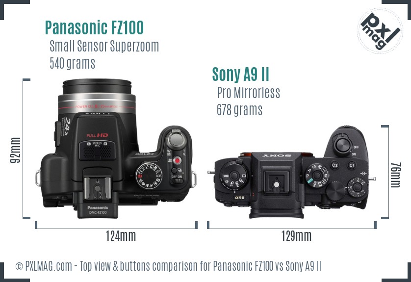 Panasonic FZ100 vs Sony A9 II top view buttons comparison