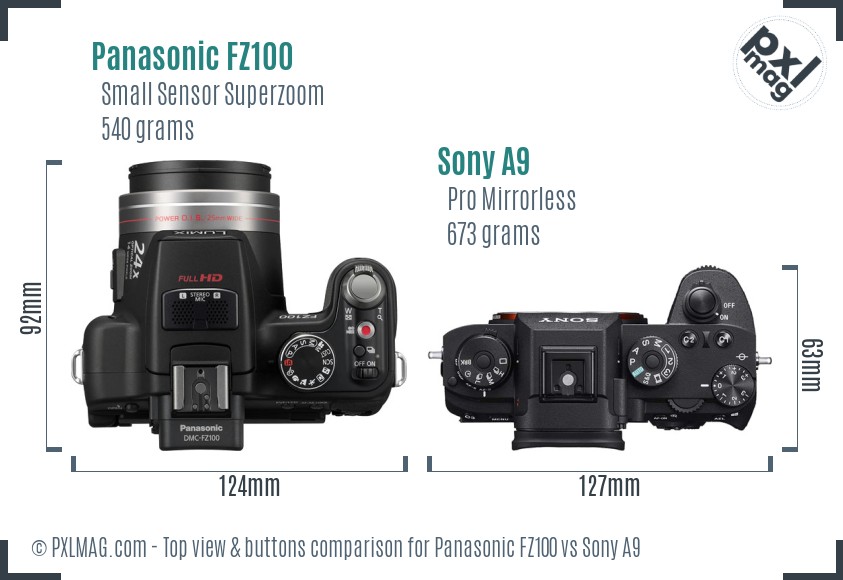 Panasonic FZ100 vs Sony A9 top view buttons comparison