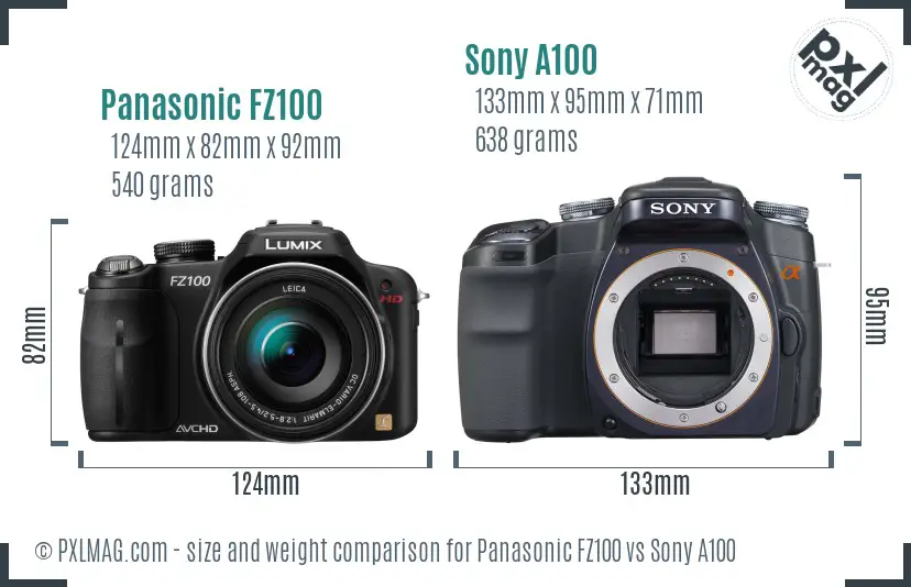 Panasonic FZ100 vs Sony A100 size comparison