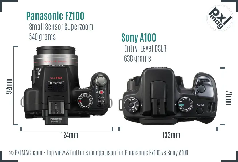 Panasonic FZ100 vs Sony A100 top view buttons comparison