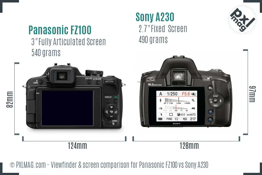 Panasonic FZ100 vs Sony A230 Screen and Viewfinder comparison