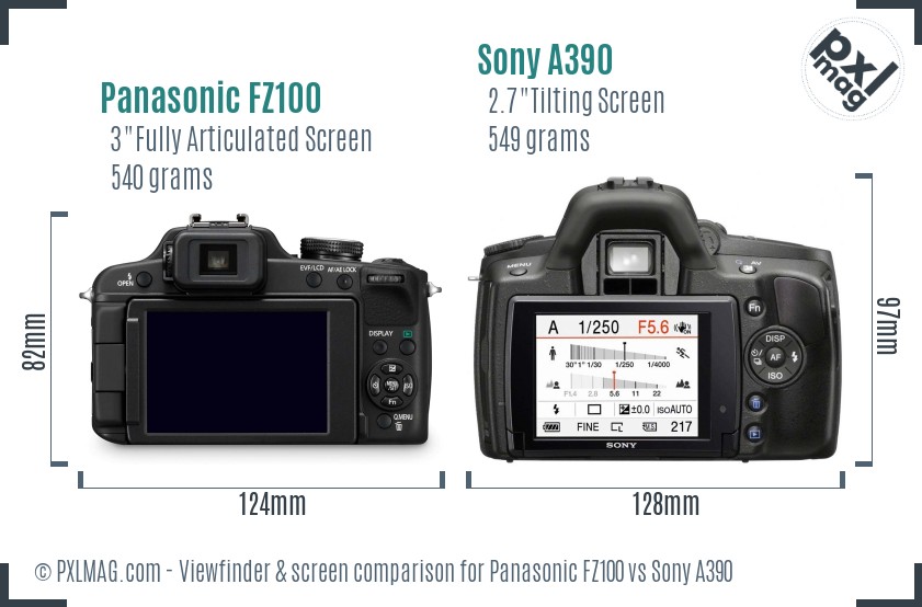 Panasonic FZ100 vs Sony A390 Screen and Viewfinder comparison