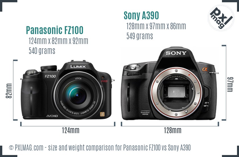 Panasonic FZ100 vs Sony A390 size comparison Panasonic FZ100 vs Sony A390 size comparison