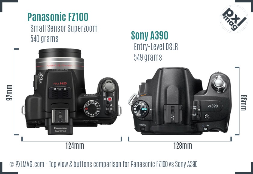 Panasonic FZ100 vs Sony A390 top view buttons comparison
