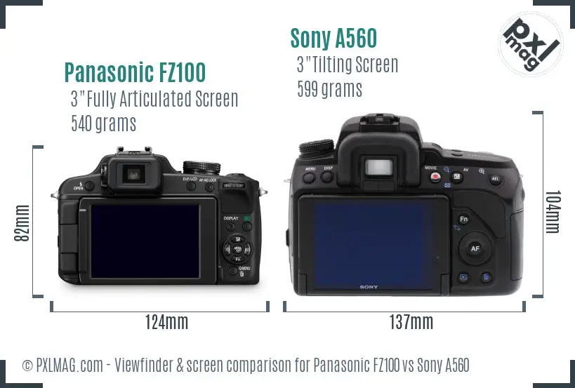 Panasonic FZ100 vs Sony A560 Screen and Viewfinder comparison