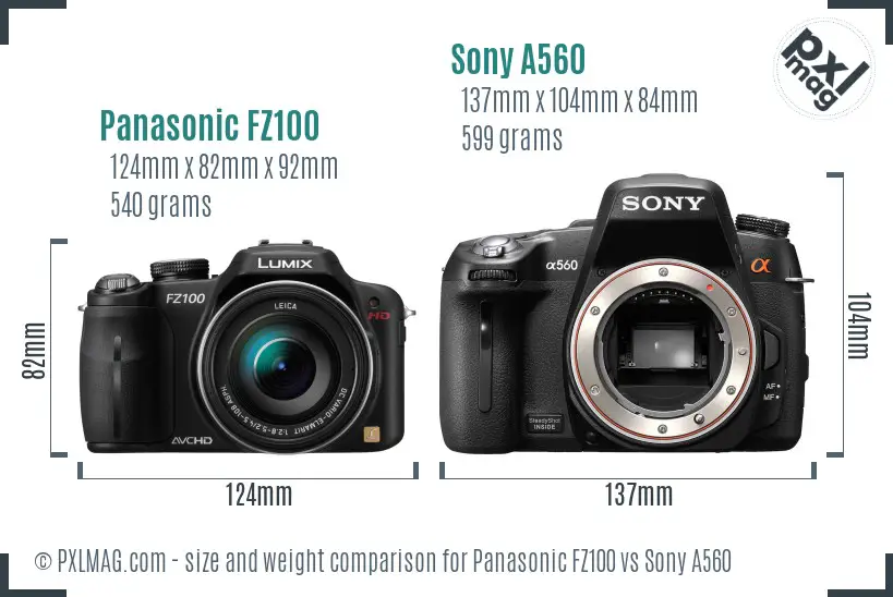 Panasonic FZ100 vs Sony A560 size comparison